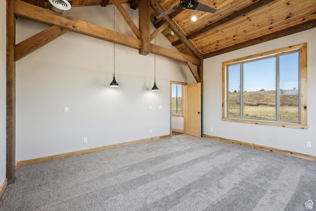 46997 W Thunder Ridge Rd, Fruitland, UT 84027 - unfurnished room with wooden ceiling, lofted ceiling with beams, light carpet, baseboards, and a ceiling fan