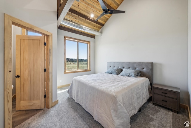 46997 W Thunder Ridge Rd, Fruitland, UT 84027 - bedroom featuring wooden ceiling, vaulted ceiling with beams, carpet, ceiling fan, and baseboards