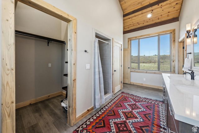46997 W Thunder Ridge Rd, Fruitland, UT 84027 - full bathroom featuring wood ceiling, wood finished floors, vanity, and a stall shower