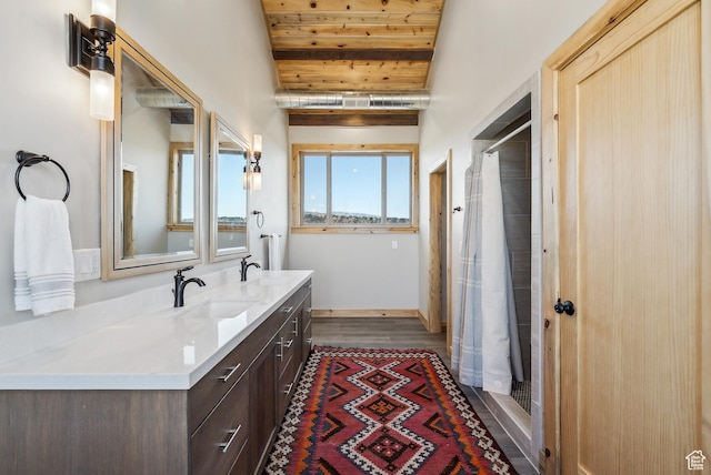 46997 W Thunder Ridge Rd, Fruitland, UT 84027 - full bath featuring a sink, wooden ceiling, beam ceiling, a stall shower, and double vanity