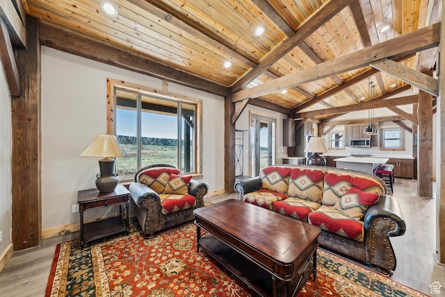 46997 W Thunder Ridge Rd, Fruitland, UT 84027 - living room featuring recessed lighting, light wood-style floors, lofted ceiling with beams, baseboards, and wood ceiling