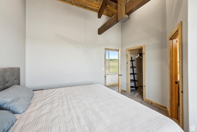 46997 W Thunder Ridge Rd, Fruitland, UT 84027 - bedroom featuring carpet floors, high vaulted ceiling, beamed ceiling, and baseboards
