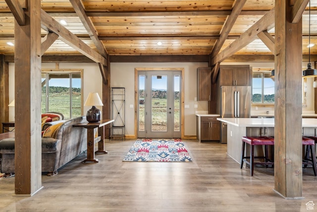 46997 W Thunder Ridge Rd, Fruitland, UT 84027 - entrance foyer featuring vaulted ceiling with beams, light wood-style floors, and wood ceiling