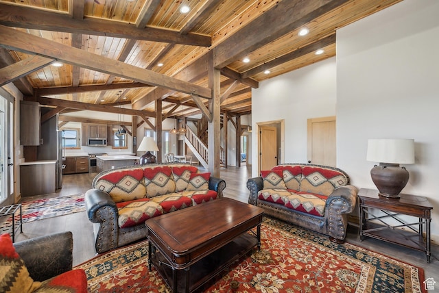 46997 W Thunder Ridge Rd, Fruitland, UT 84027 - living area featuring recessed lighting, stairway, lofted ceiling with beams, wood ceiling, and wood finished floors