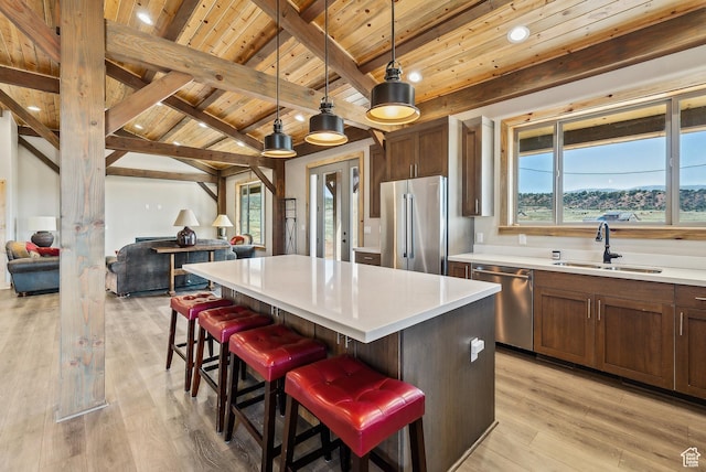46997 W Thunder Ridge Rd, Fruitland, UT 84027 - kitchen featuring a sink, wooden ceiling, stainless steel appliances, a healthy amount of sunlight, and open floor plan