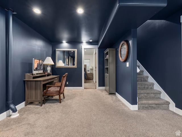 carpeted home office featuring recessed lighting and baseboards