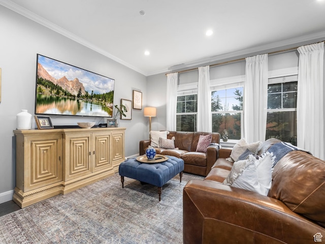 living area with wood finished floors, recessed lighting, ornamental molding, and baseboards