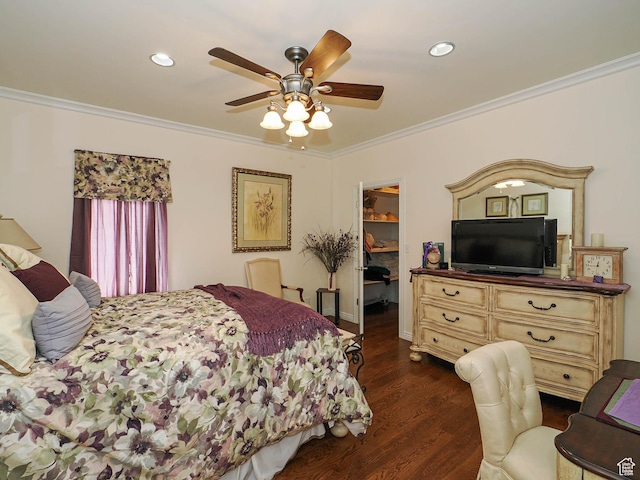 bedroom featuring ornamental molding, recessed lighting, a walk in closet, and dark wood-type flooring
