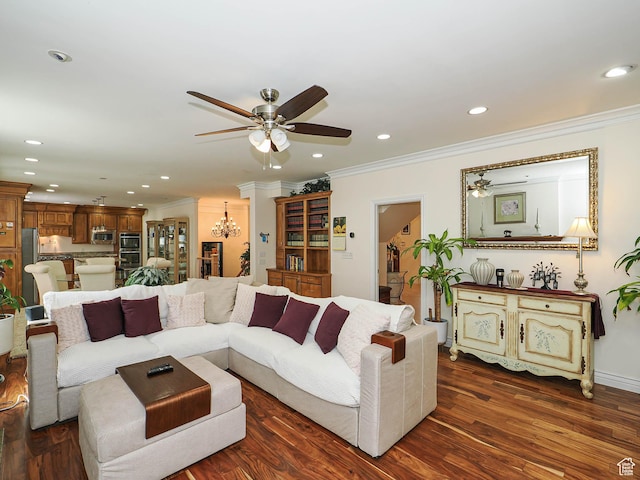 living area featuring crown molding, recessed lighting, a ceiling fan, and dark wood-type flooring
