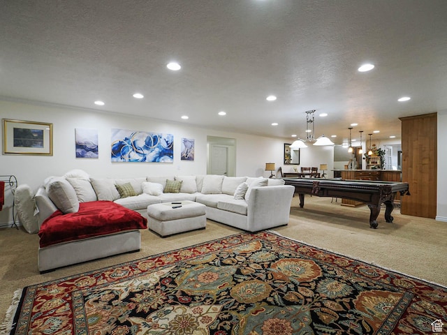 living area with light colored carpet, billiards, recessed lighting, and a textured ceiling