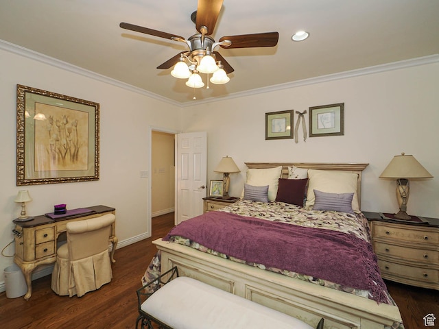bedroom with recessed lighting, ornamental molding, baseboards, a ceiling fan, and dark wood-type flooring
