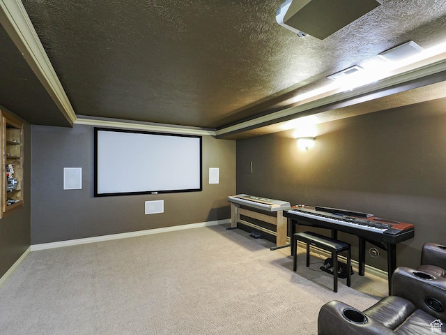 home theater with a textured ceiling, carpet, and baseboards