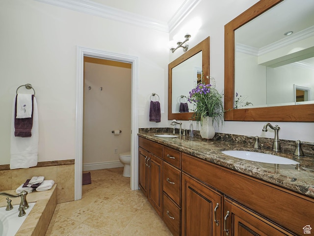 full bathroom featuring toilet, crown molding, and a sink