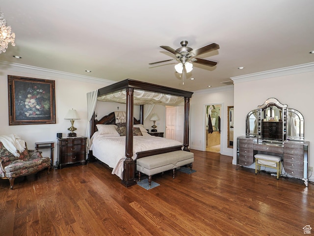 bedroom with recessed lighting, a ceiling fan, baseboards, ornamental molding, and wood finished floors
