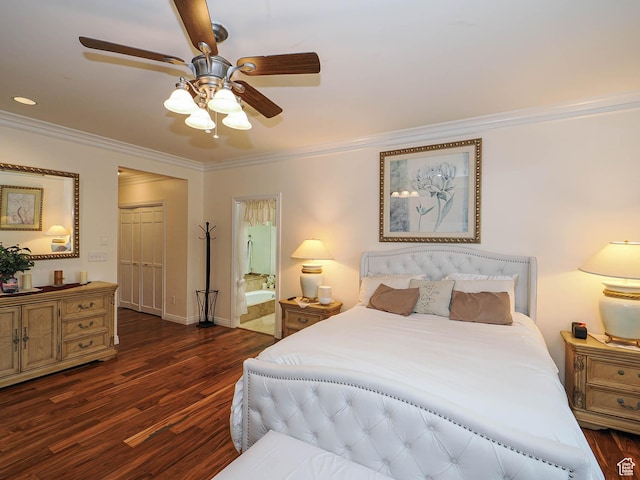 bedroom with ensuite bath, a ceiling fan, ornamental molding, and dark wood finished floors