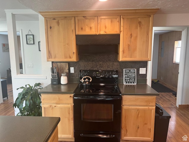 240 S 100 E, Logan, UT 84321 - kitchen featuring wood finished floors, under cabinet range hood, black / electric stove, and dark countertops