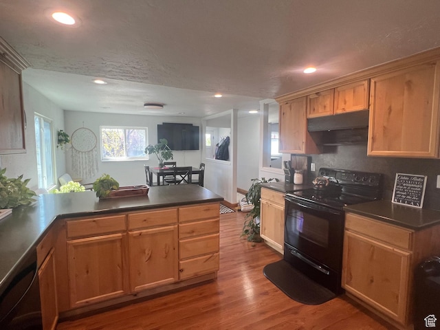 240 S 100 E, Logan, UT 84321 - kitchen featuring dark countertops, black range with electric stovetop, wood finished floors, a peninsula, and under cabinet range hood