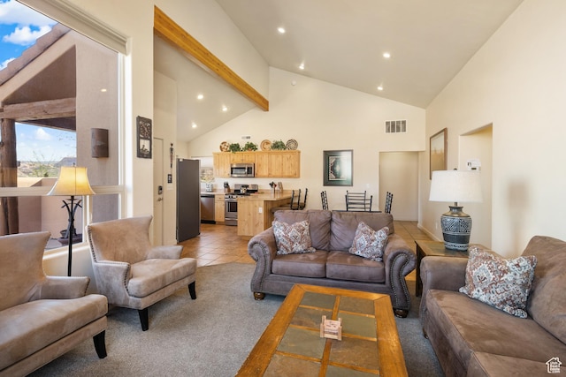 3686 S Spanish Valley Dr Unit W-4, Moab, UT 84532 - living room featuring light carpet, high vaulted ceiling, recessed lighting, light tile patterned floors, and visible vents