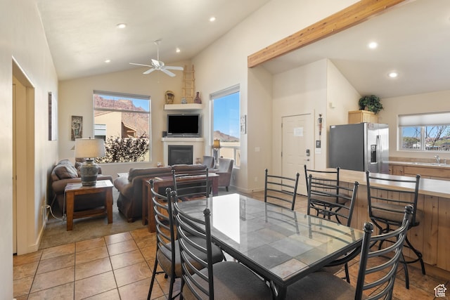 3686 S Spanish Valley Dr Unit W-4, Moab, UT 84532 - dining room featuring recessed lighting, ceiling fan, lofted ceiling, and light tile patterned floors