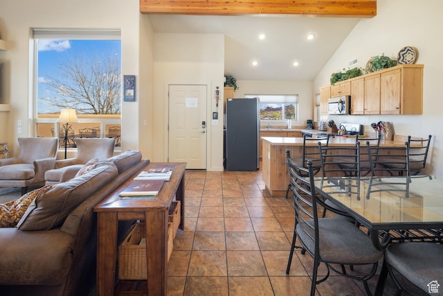 3686 S Spanish Valley Dr Unit W-4, Moab, UT 84532 - living area featuring high vaulted ceiling, beamed ceiling, recessed lighting, and light tile patterned flooring