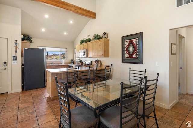 3686 S Spanish Valley Dr Unit W-4, Moab, UT 84532 - dining space featuring visible vents, high vaulted ceiling, baseboards, beamed ceiling, and recessed lighting