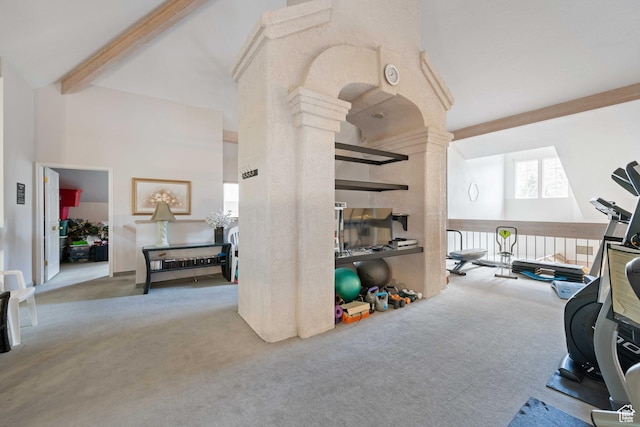 54 Cottonwood Ln, Hurricane, UT 84737 - interior space featuring beam ceiling, a high ceiling, and carpet floors