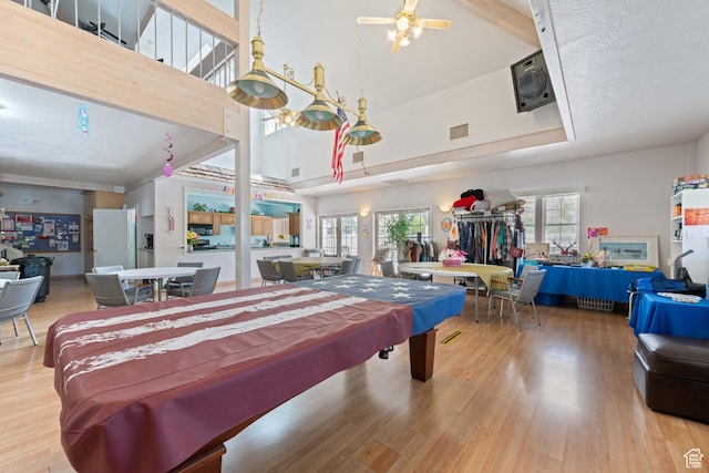 54 Cottonwood Ln, Hurricane, UT 84737 - recreation room with visible vents, pool table, a towering ceiling, wood finished floors, and a ceiling fan