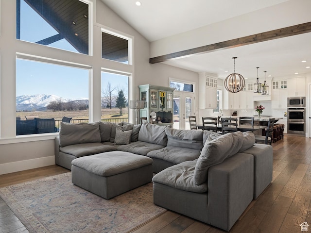 641 W 500 S, Midway, UT 84049 - living room featuring a mountain view, recessed lighting, a chandelier, and dark wood-style flooring