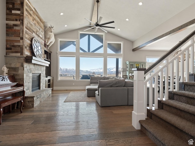 641 W 500 S, Midway, UT 84049 - living area with a ceiling fan, a fireplace, high vaulted ceiling, stairs, and hardwood / wood-style floors