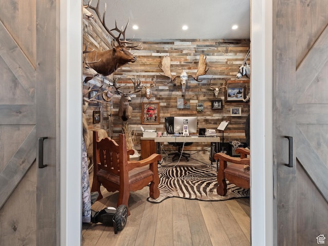 641 W 500 S, Midway, UT 84049 - office area with hardwood / wood-style flooring, wooden walls, and recessed lighting