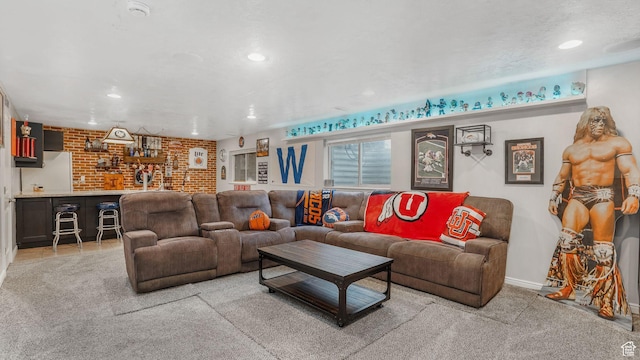 5394 W Shaggy Peak Dr, Riverton, UT 84096 - carpeted living area with recessed lighting, baseboards, bar, and brick wall