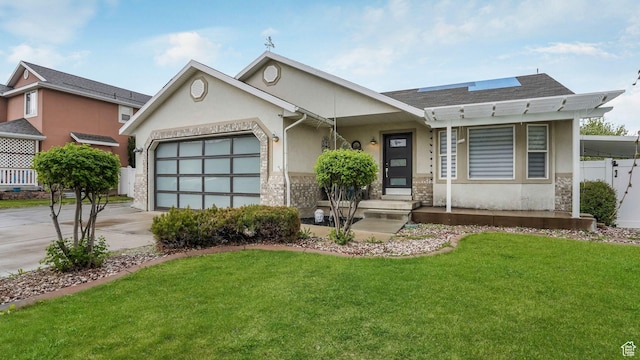 5394 W Shaggy Peak Dr, Riverton, UT 84096 - ranch-style home with a front lawn, stucco siding, roof mounted solar panels, and concrete driveway