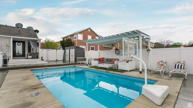 5394 W Shaggy Peak Dr, Riverton, UT 84096 - view of swimming pool featuring a pergola, a patio, a fenced in pool, a fenced backyard, and outdoor lounge area