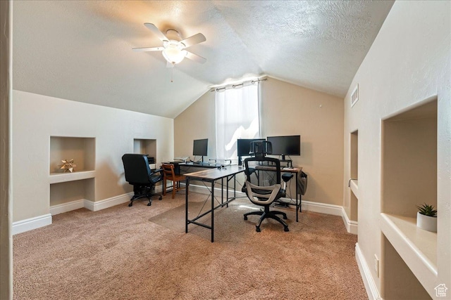 388 E 1060 S, Ivins, UT 84738 - office space with a textured ceiling, visible vents, vaulted ceiling, carpet, and a ceiling fan