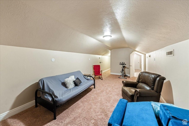 388 E 1060 S, Ivins, UT 84738 - carpeted living room featuring baseboards, visible vents, a textured ceiling, and vaulted ceiling