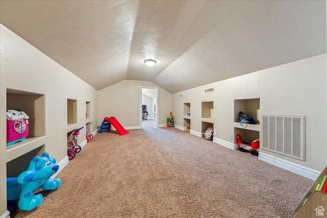 388 E 1060 S, Ivins, UT 84738 - game room with visible vents, a textured ceiling, carpet flooring, and vaulted ceiling