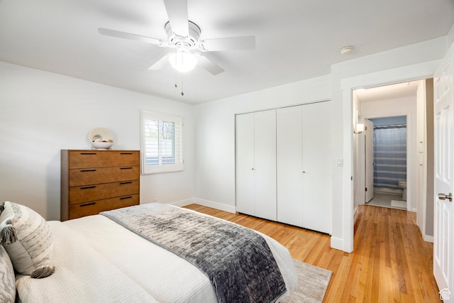 1151 E Chevy Chase Dr, Murray, UT 84117 - bedroom featuring a closet, ceiling fan, light wood-style floors, and baseboards