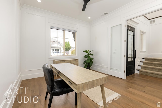 309 W Blue Quartz Dr, Washington, UT 84780 - office area with a decorative wall, ceiling fan, crown molding, and visible vents