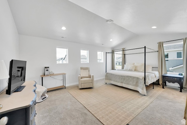 315 W 910 S, American Fork, UT 84003 - bedroom featuring visible vents, baseboards, vaulted ceiling, and light carpet