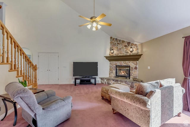 577 S 500 E, Santaquin, UT 84655 - carpeted living area featuring a stone fireplace, high vaulted ceiling, stairway, and ceiling fan