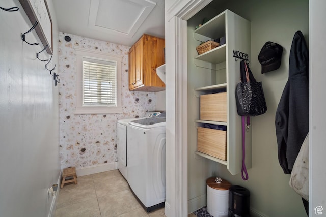 9457 N 4800 W, Elwood, UT 84337 - laundry room featuring cabinet space, independent washer and dryer, light tile patterned flooring, baseboards, and wallpapered walls