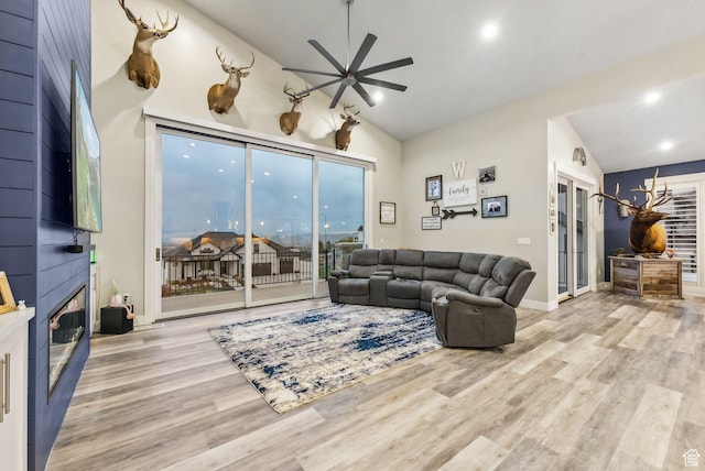 6593 W Bonnie Jean Ln Unit 13, Herriman, UT 84096 - living area with ceiling fan, a large fireplace, baseboards, recessed lighting, and wood finished floors