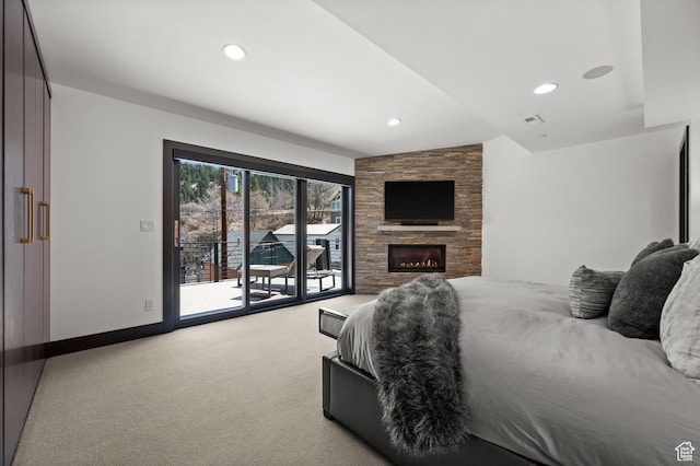 88 King Rd, Park City, UT 84060 - carpeted bedroom with access to exterior, a fireplace, baseboards, lofted ceiling, and recessed lighting