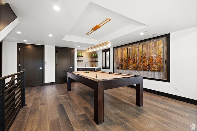 88 King Rd, Park City, UT 84060 - recreation room featuring baseboards, recessed lighting, dark wood-type flooring, pool table, and a tray ceiling