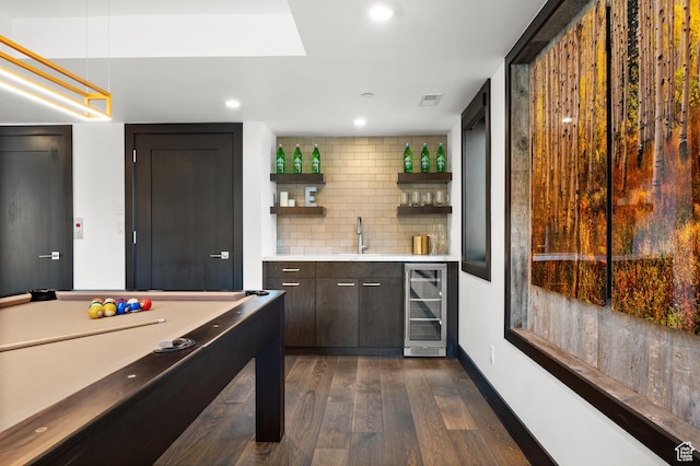 88 King Rd, Park City, UT 84060 - bar featuring a sink, dark wood finished floors, indoor wet bar, decorative backsplash, and wine cooler