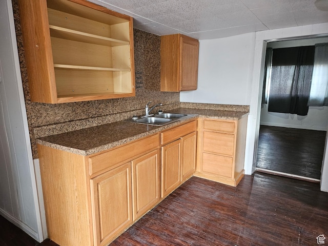 182 W 5000 S Unit B, Washington Terrace, UT 84405 - kitchen featuring decorative backsplash, open shelves, a sink, dark countertops, and dark wood-style floors