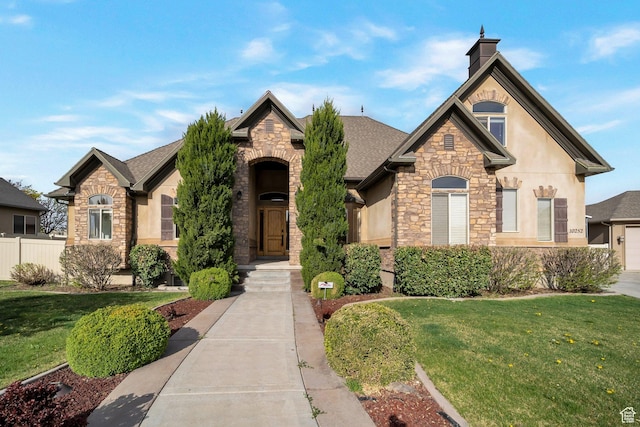view of front facade featuring stucco siding, fence, a front yard, and stone siding