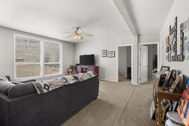 4147 S Spanish Valley Dr, Moab, UT 84532 - living room with baseboards, light carpet, and a ceiling fan