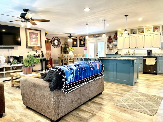 225 S 1400 W, Vernal, UT 84078 - living room with recessed lighting, a ceiling fan, french doors, and light wood-type flooring