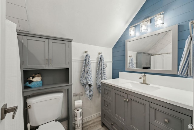 53 W 300 S, Midway, UT 84049 - full bath with wood finished floors, vaulted ceiling, toilet, vanity, and wooden walls
